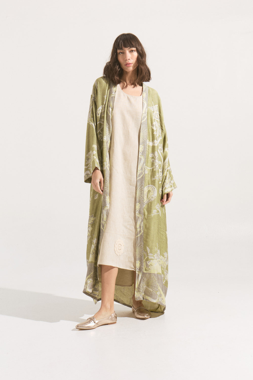 Kimono Largo Olive Serenity – Cashmere & Seda Estampado