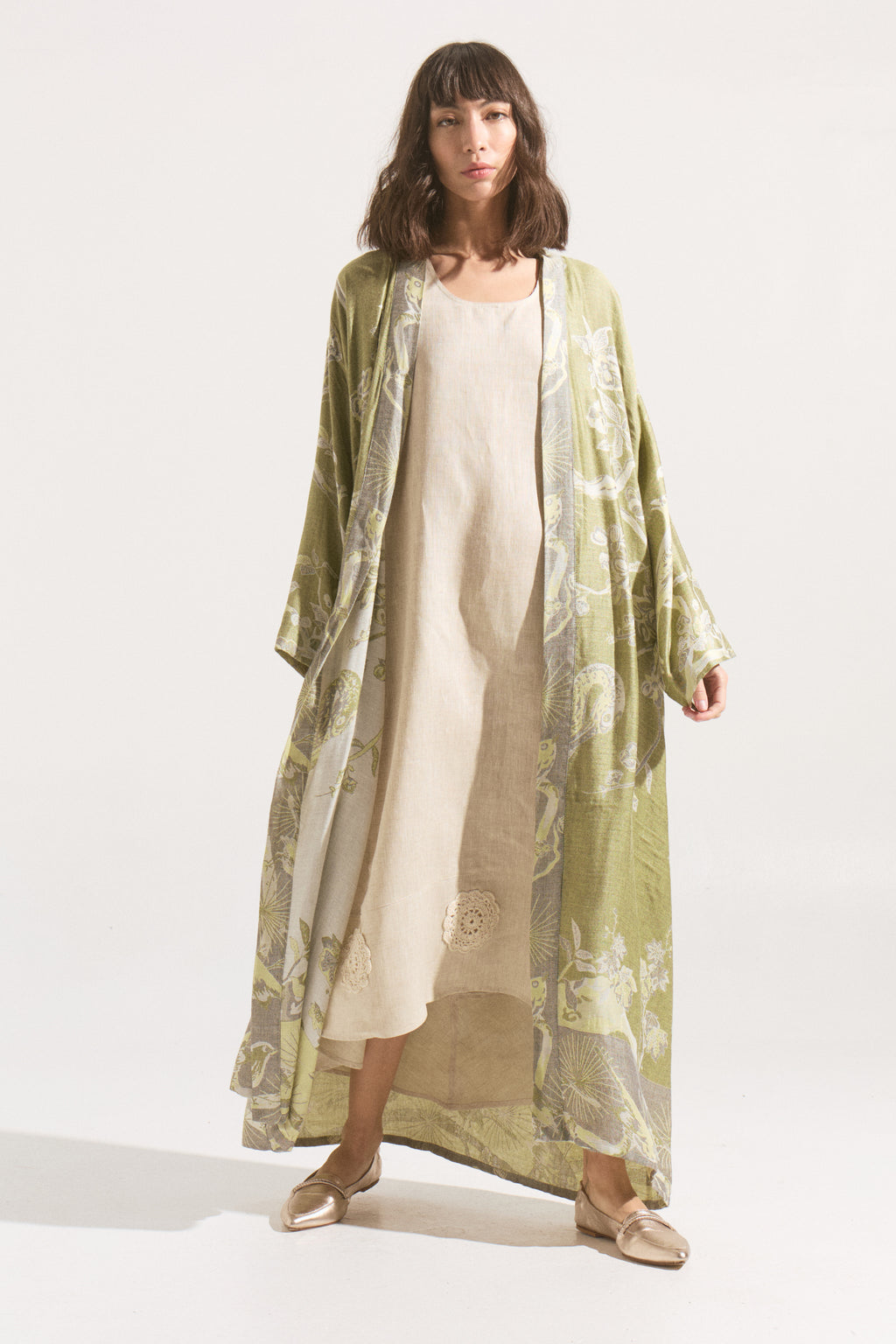 Kimono Largo Olive Serenity – Cashmere & Seda Estampado