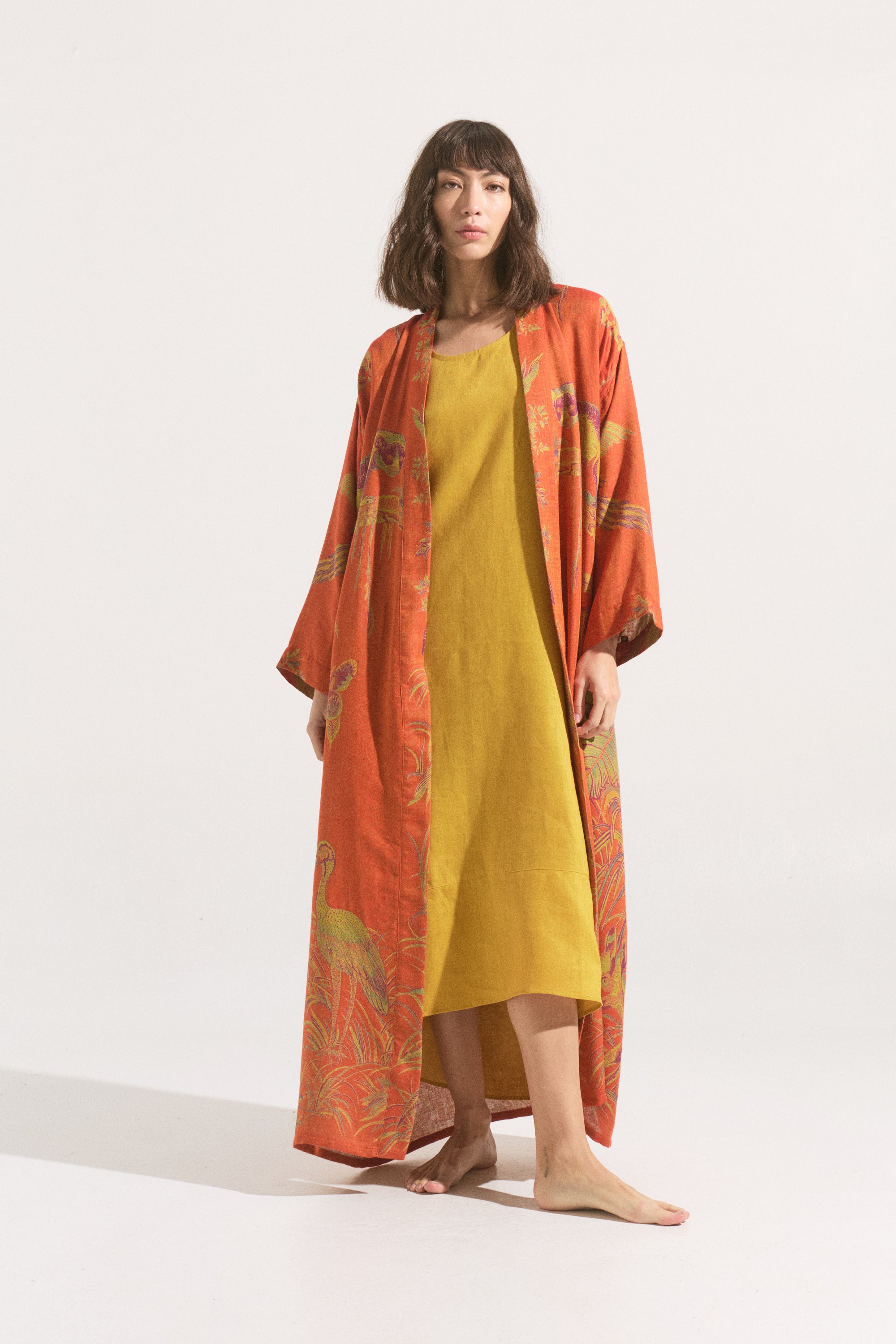 Kimono Largo Sunset Crane – Cashmere & Seda Estampado