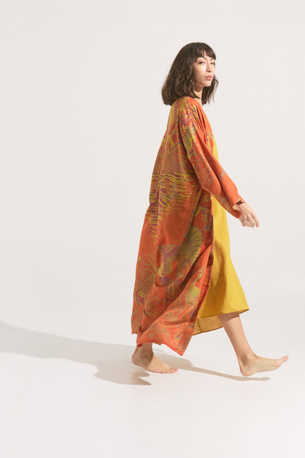 Kimono Largo Sunset Crane – Cashmere & Seda Estampado