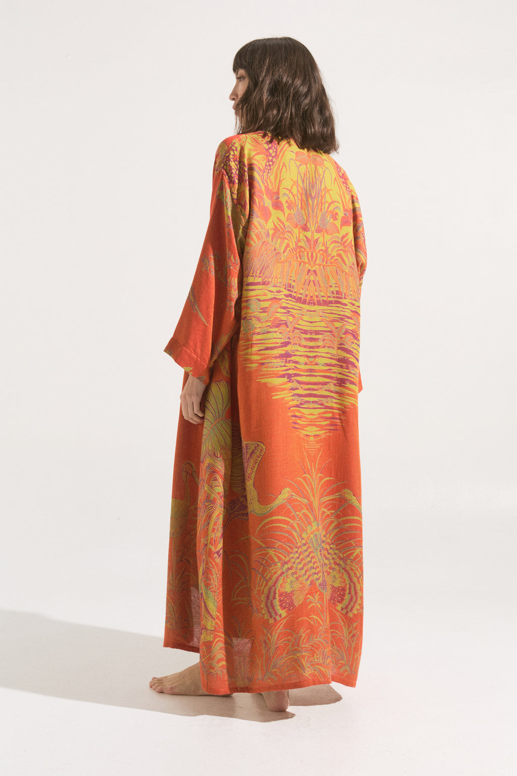 Kimono Largo Sunset Crane – Cashmere & Seda Estampado